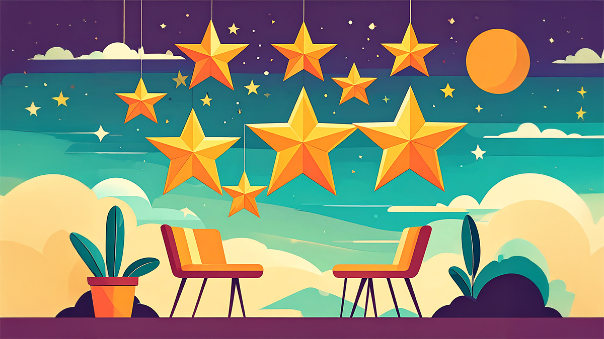 Zwei gelbe Stühle stehen auf einer Terrasse mit Topfpflanzen, unter einem Himmel mit großen, hängenden goldenen Sternen und kleineren Sternen, mit einem Sonnenuntergang oder Sonnenaufgang im Hintergrund.