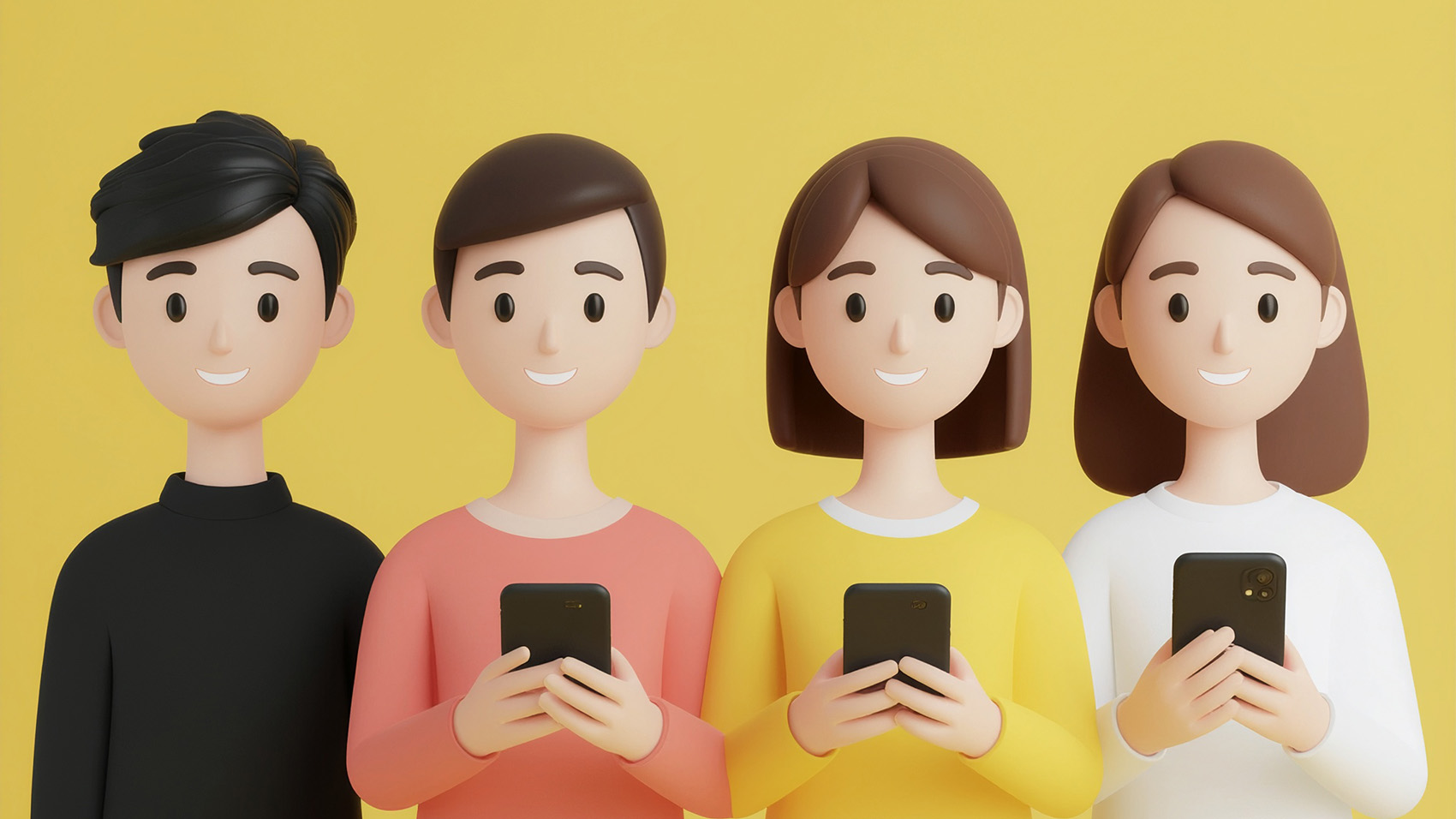 Vier Menschen im Cartoon-Stil stehen nebeneinander vor einem gelben Hintergrund, jeder lächelt und hält ein Smartphone.