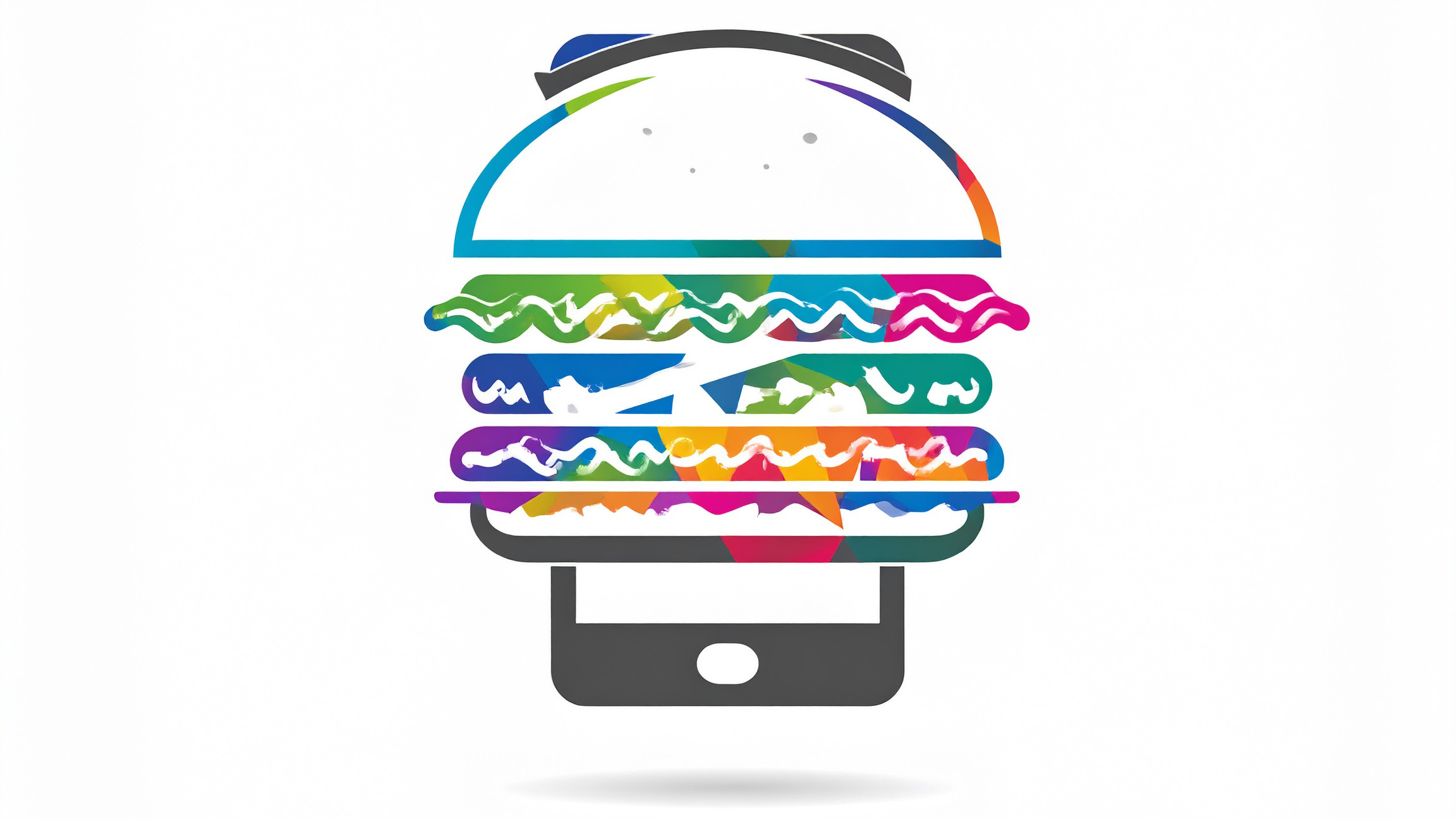 Ein farbenfrohes Burger-Symbol sitzt auf einer Smartphone-Grafik und suggeriert eine Online-Essensbestellung oder eine Essensliefer-App. Die Ebenen des Burgers sind mit leuchtenden, abstrakten Farben gefüllt.