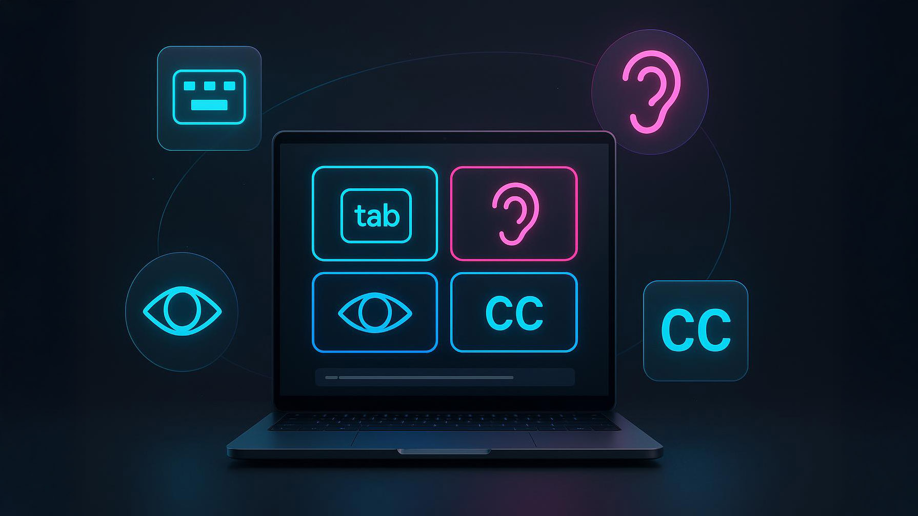 Illustration eines Laptops mit einem Symbol für Barrierefreiheit auf dem Bildschirm, umgeben von den Symbolen einer Tastatur, eines Ohrs, eines Auges und "CC", das für Untertitel steht und digitale Barrierefreiheitsmerkmale hervorhebt.