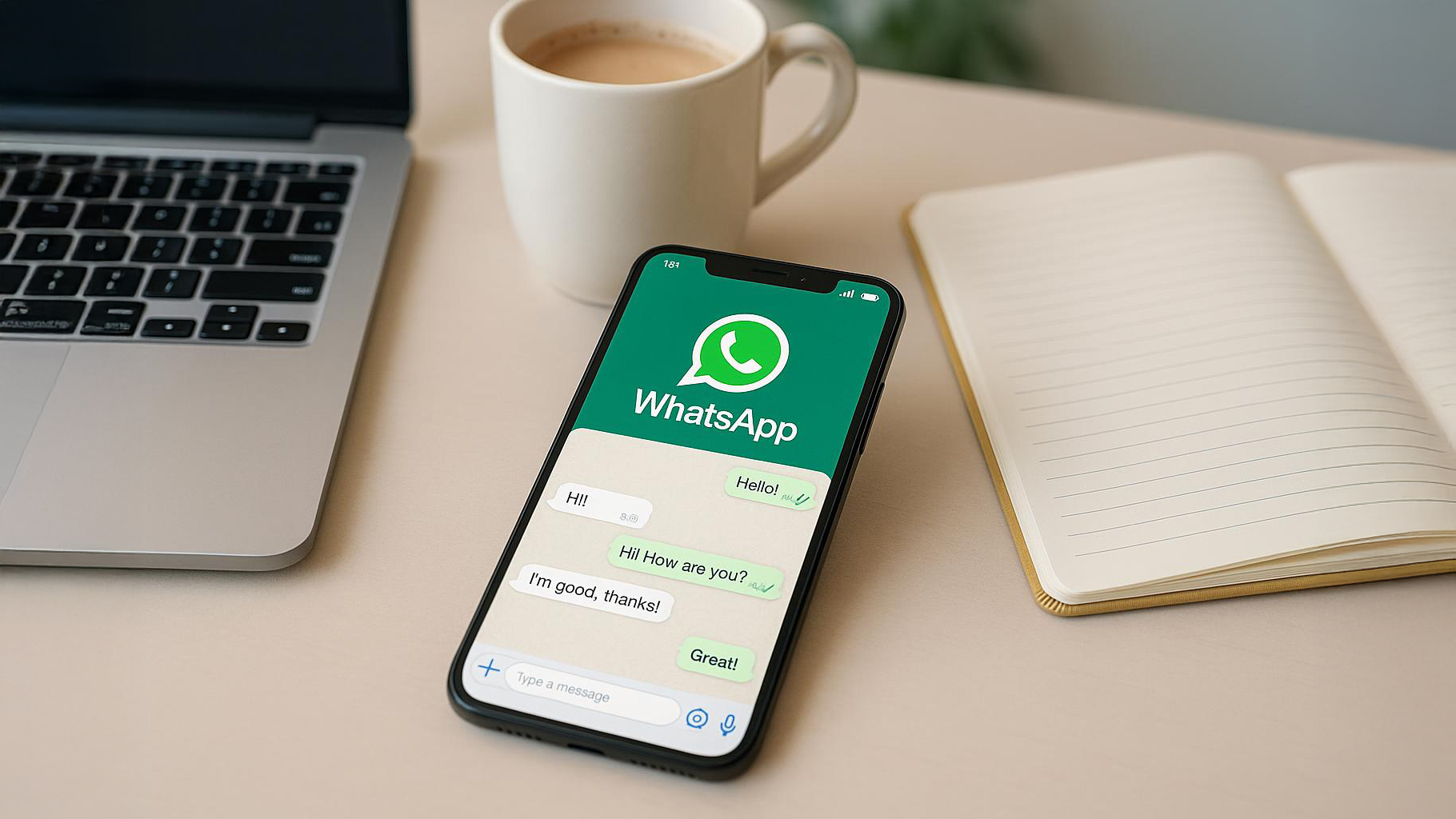 Ein Smartphone, auf dem ein WhatsApp-Chat zu sehen ist, liegt auf einem Schreibtisch neben einem Laptop, einer Tasse Kaffee und einem aufgeschlagenen, linierten Notizbuch mit einem Stift.